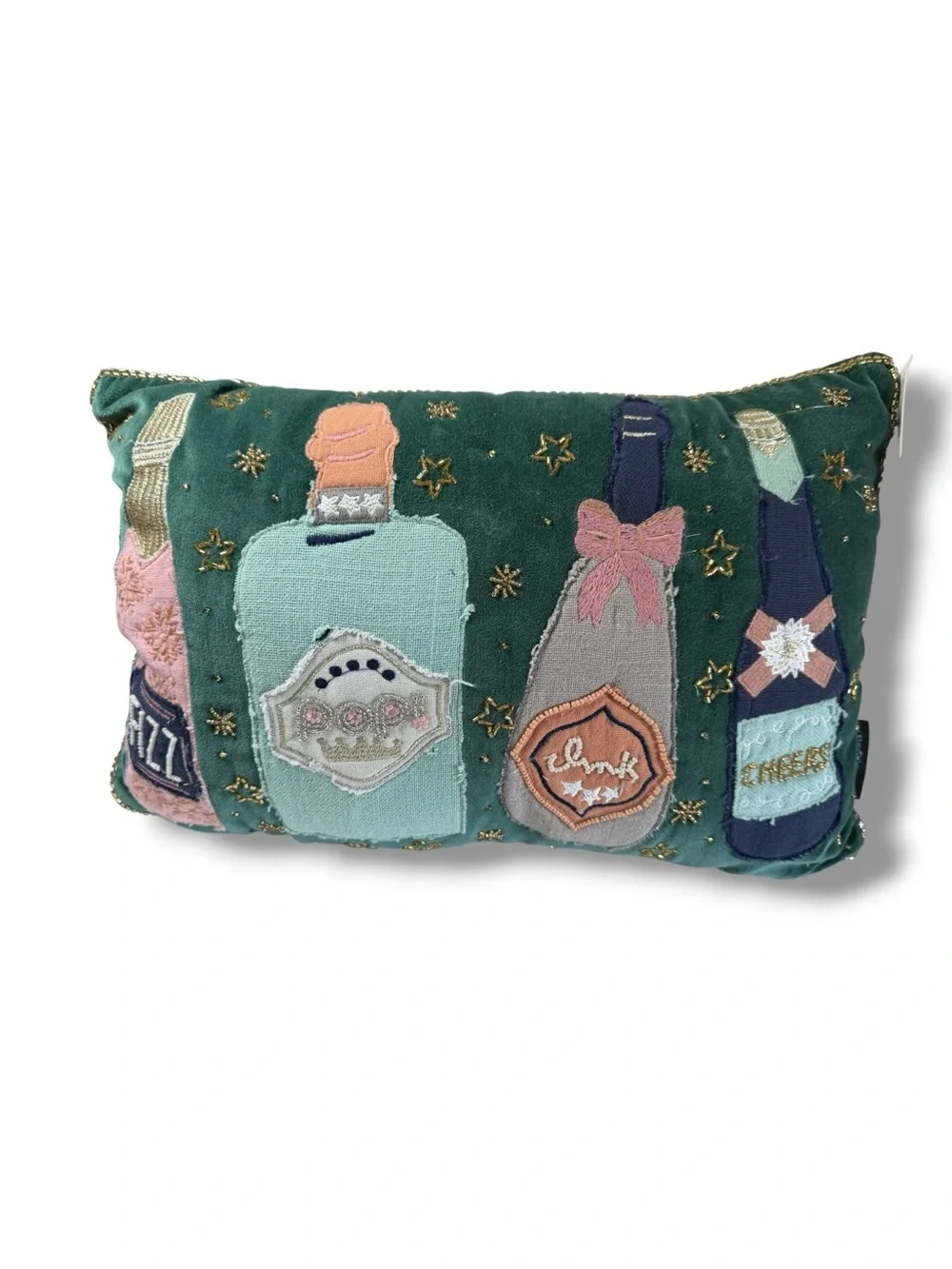 NWT Cynthia Rowley Green Velvet Champagne Bottle Appliqué Pillow 12x18”